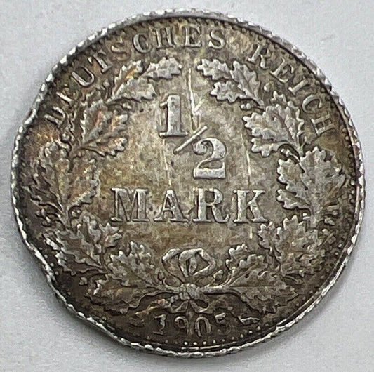 1905 - D Germany 1/2 Half Mark Silver Coin | Collectable Grade | a1489