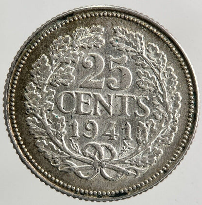 1941 Netherlands 25 Cents Silver Coin | Very High Grade
