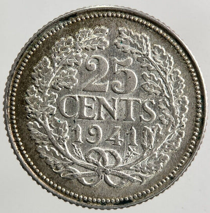 1941 Netherlands 25 Cents Silver Coin | Very High Grade
