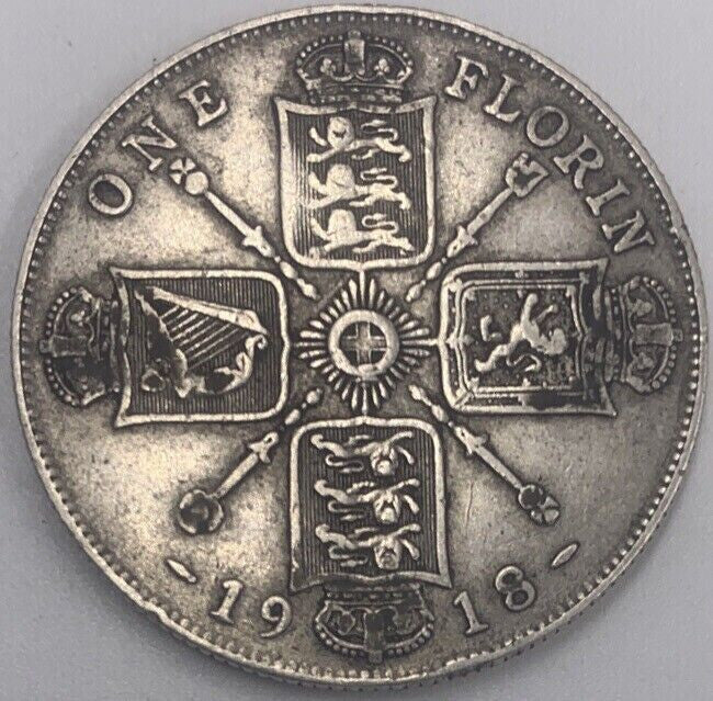 1918 British Florin | Silver Coin | King George V | Fair Grade | a182