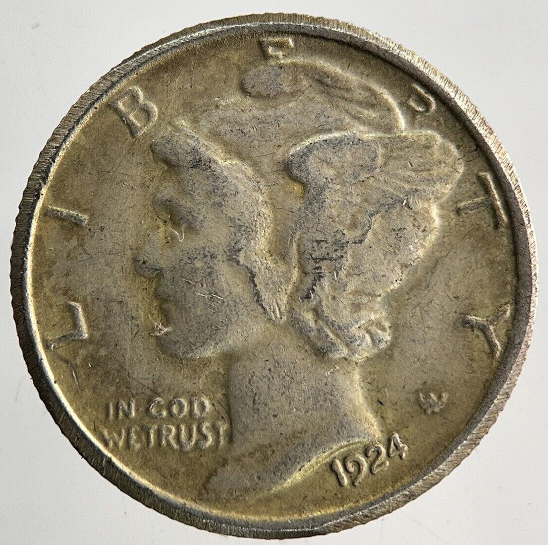 1924 - S US USA Mercury One Dime Silver Coin | Fine Collectable Grade