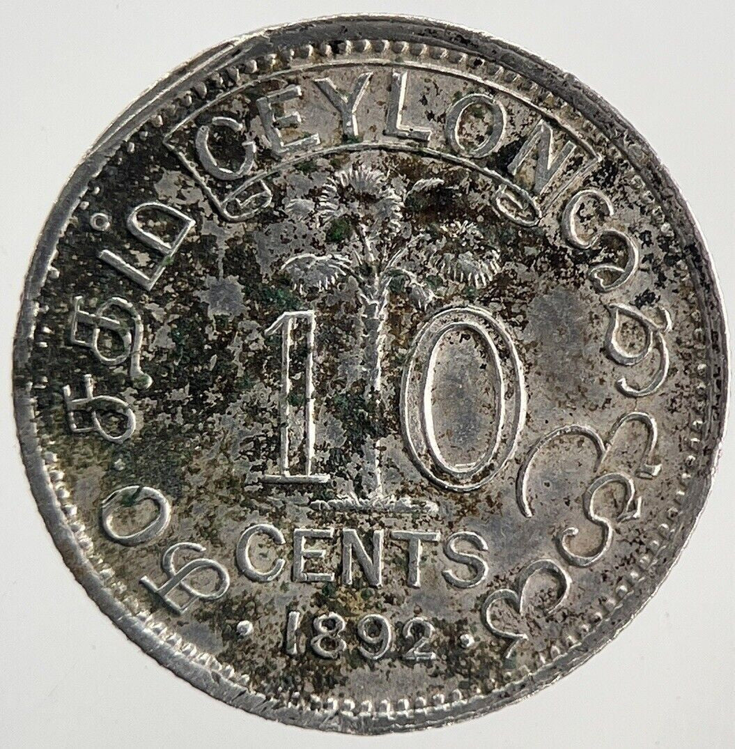 1892 Ceylon 10 Silver Cents Coin | Very High Grade