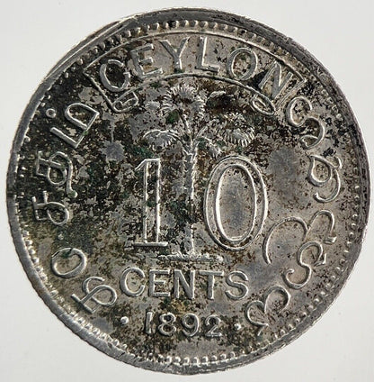 1892 Ceylon 10 Silver Cents Coin | Very High Grade